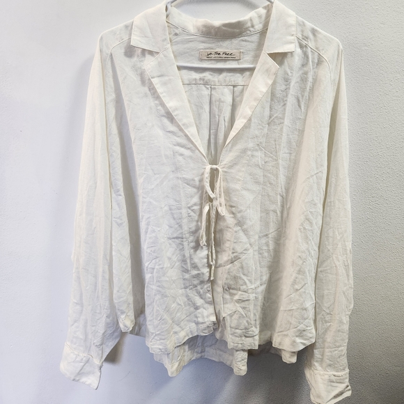 Free People Tops - Free People Boho Linen Blend White Oversized Shirt M